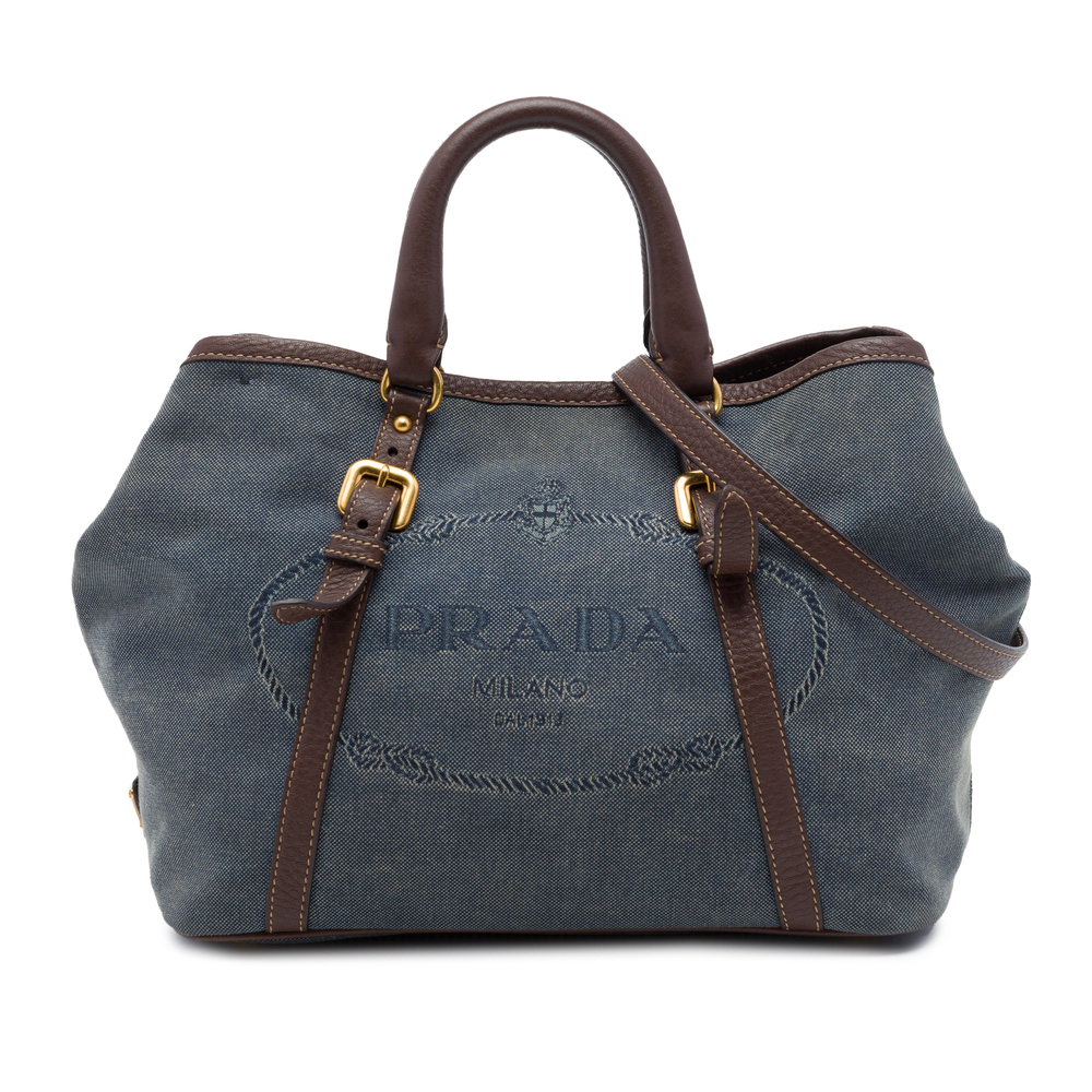 Pre-Loved Prada Vitello Daino Trimmed Canvas Canapa Logo Satchel